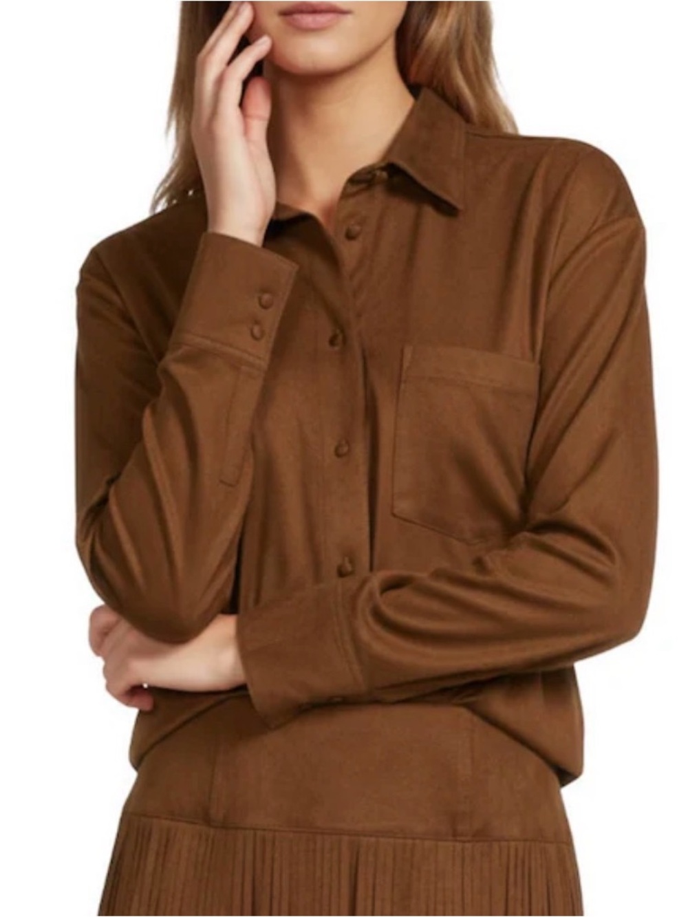 Antonio Melani Paulalexis Faux Suede Button Front Shirt Russet Brown Size 4